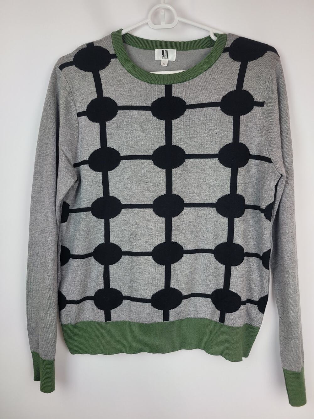 Yal New York Women's Dot-Print Sweater With Contrast Trim Green Gray Black Sz M